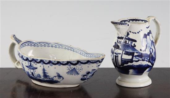 A Bow blue and white sauceboat, c.1753 and an English porcelain blue and white cream jug, late 18th century, height 8.7cm